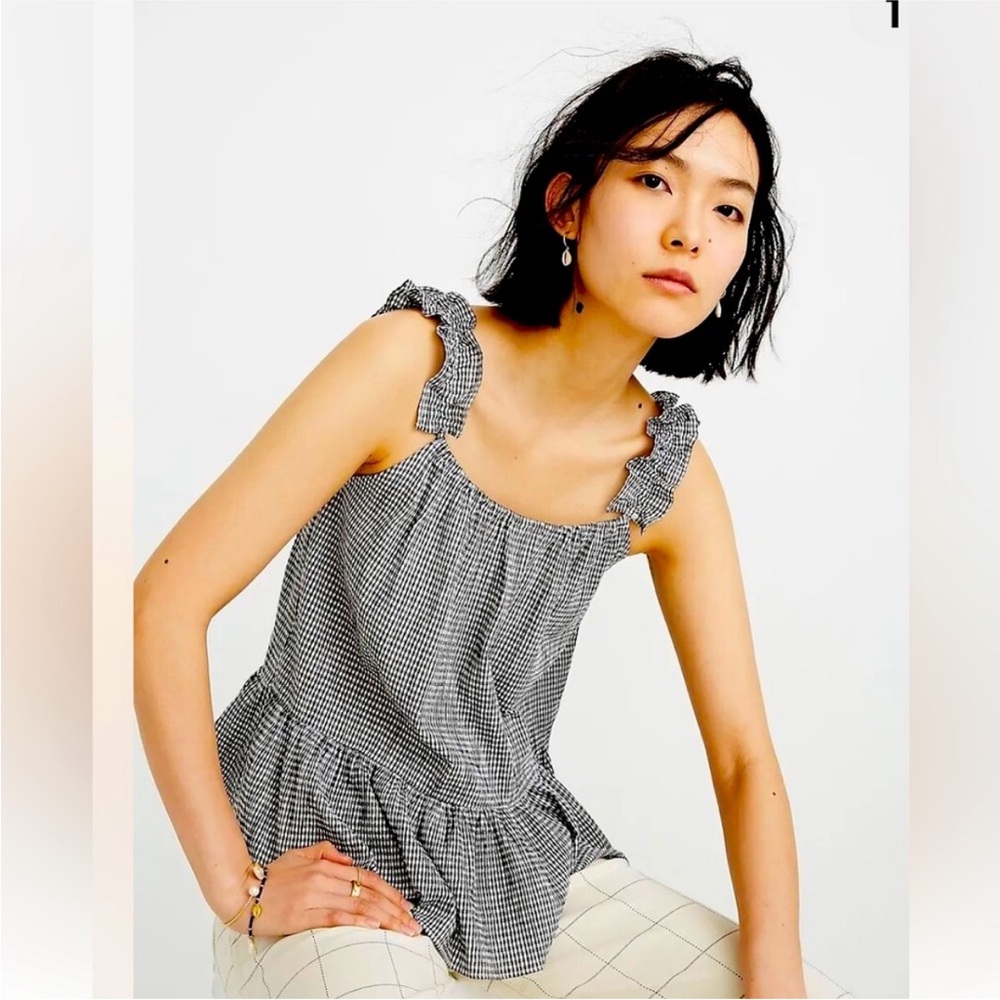 Madewell Black and White Gingham Ruffle-Strap Tank
